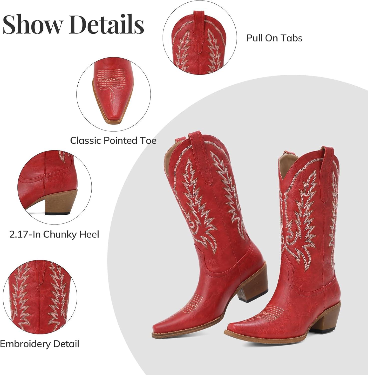 image:imageTscoyuki Cowboy Boots for Women Cowgirl Boots with Chunky Heel Pull On Tabs Vintage Snip Toe Embroidery WesternInspired Mid Calf BootsRed