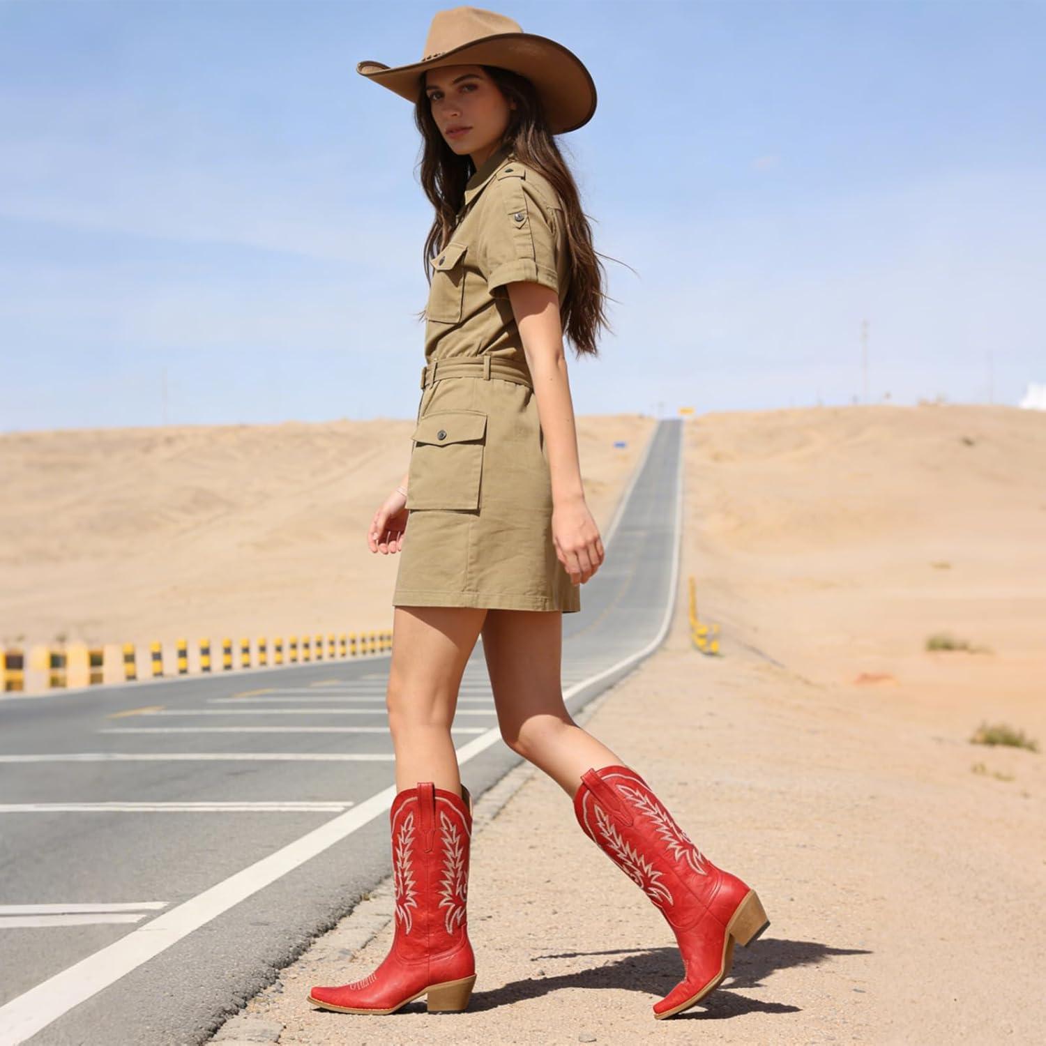 image:imageTscoyuki Cowboy Boots for Women Cowgirl Boots with Chunky Heel Pull On Tabs Vintage Snip Toe Embroidery WesternInspired Mid Calf BootsRed