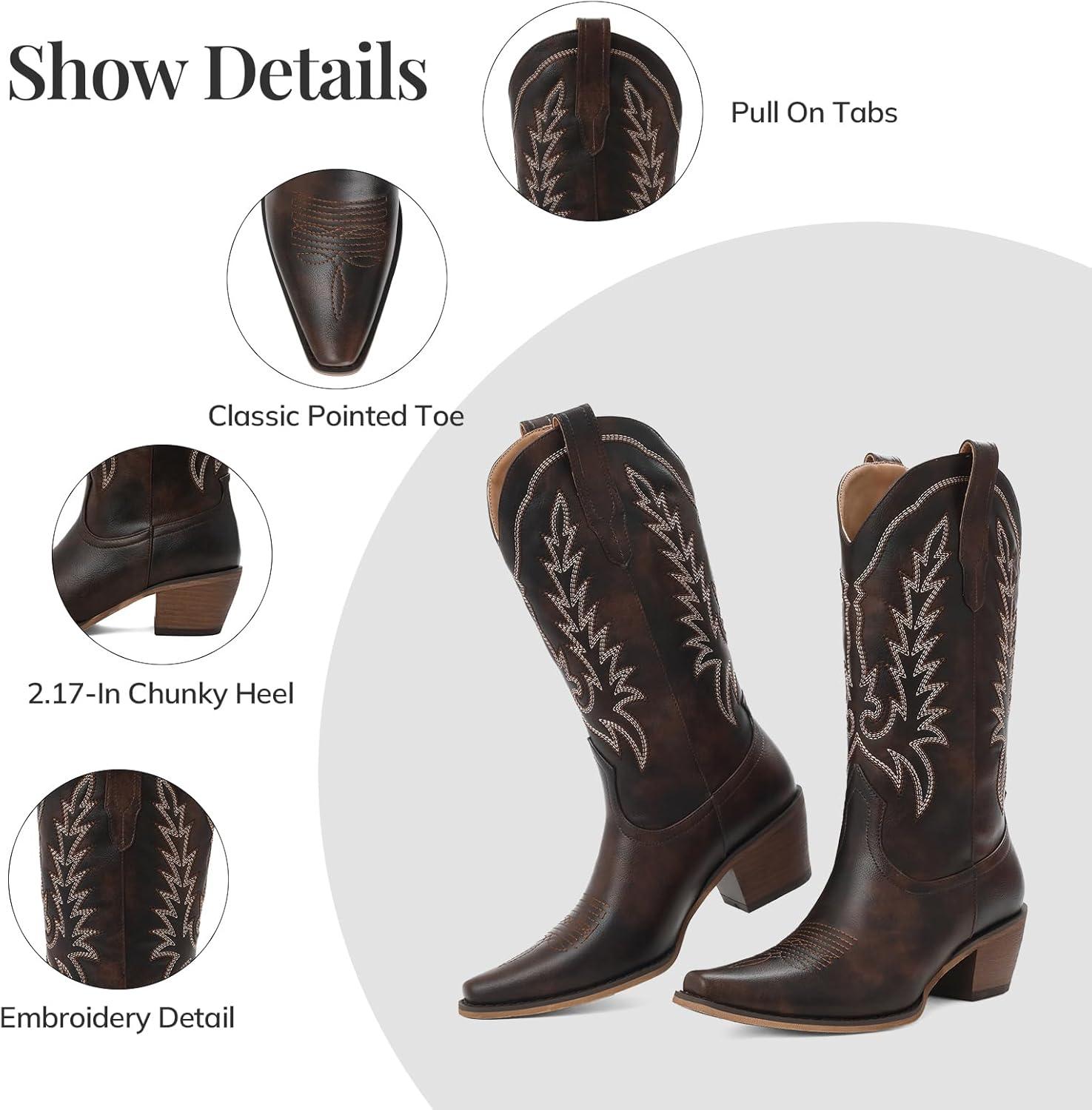 image:imageTscoyuki Cowboy Boots for Women Cowgirl Boots with Chunky Heel Pull On Tabs Vintage Snip Toe Embroidery WesternInspired Mid Calf BootsVintage Dark Chocolate Brown