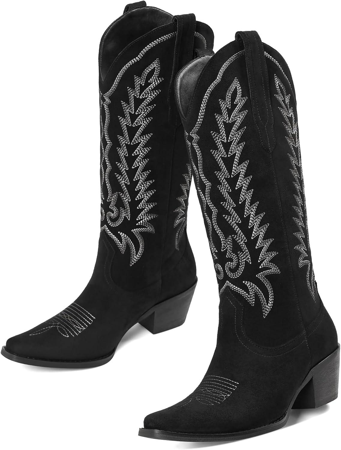 image:imageTscoyuki Cowboy Boots for Women Embroidered Western Knee High Boots Women Pointed Toe Chunky Heel Cowgirl Tall BootsBlack Suede