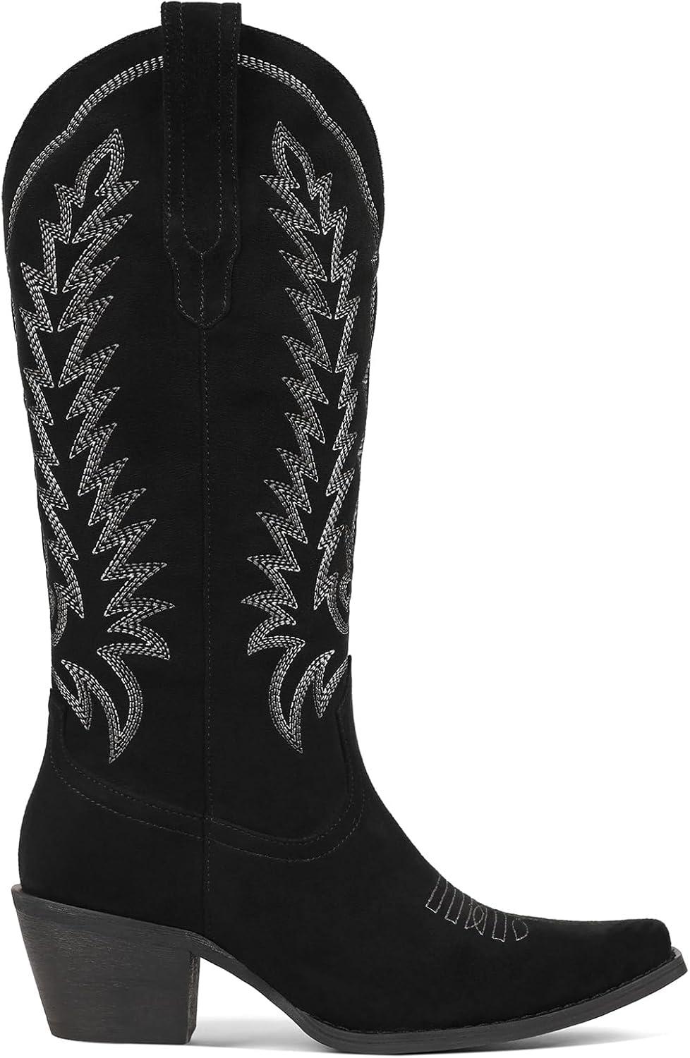 image:imageTscoyuki Cowboy Boots for Women Embroidered Western Knee High Boots Women Pointed Toe Chunky Heel Cowgirl Tall BootsBlack Suede