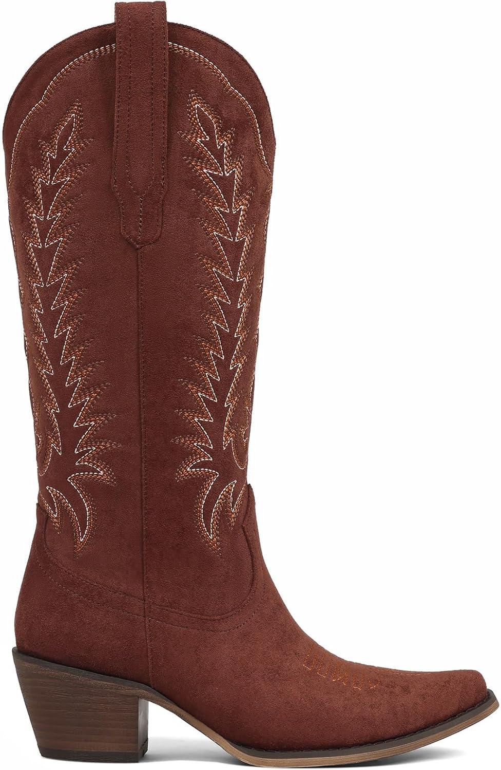 image:imageTscoyuki Cowboy Boots for Women Embroidered Western Knee High Boots Women Pointed Toe Chunky Heel Cowgirl Tall BootsBrown Suede