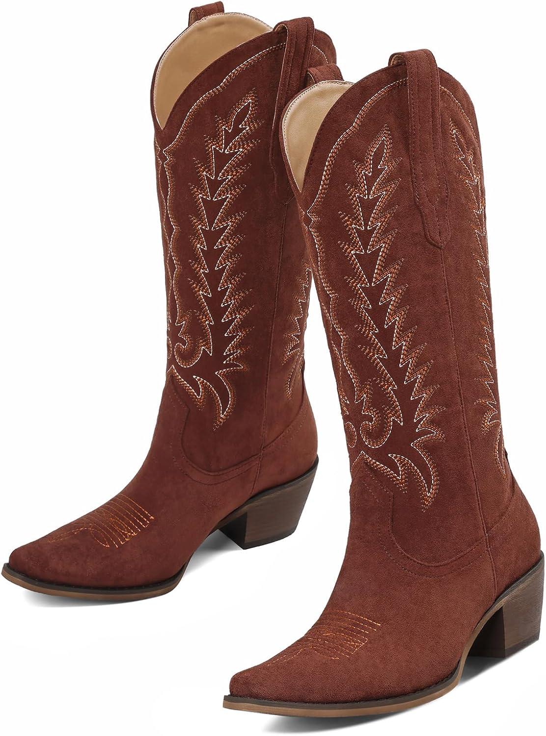 image:imageTscoyuki Cowboy Boots for Women Embroidered Western Knee High Boots Women Pointed Toe Chunky Heel Cowgirl Tall BootsBrown Suede