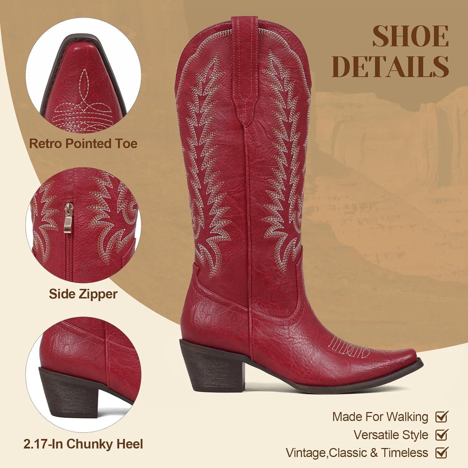 image:imageTscoyuki Cowboy Boots for Women Embroidered Western Knee High Boots Women Pointed Toe Chunky Heel Cowgirl Tall BootsRed Zipper