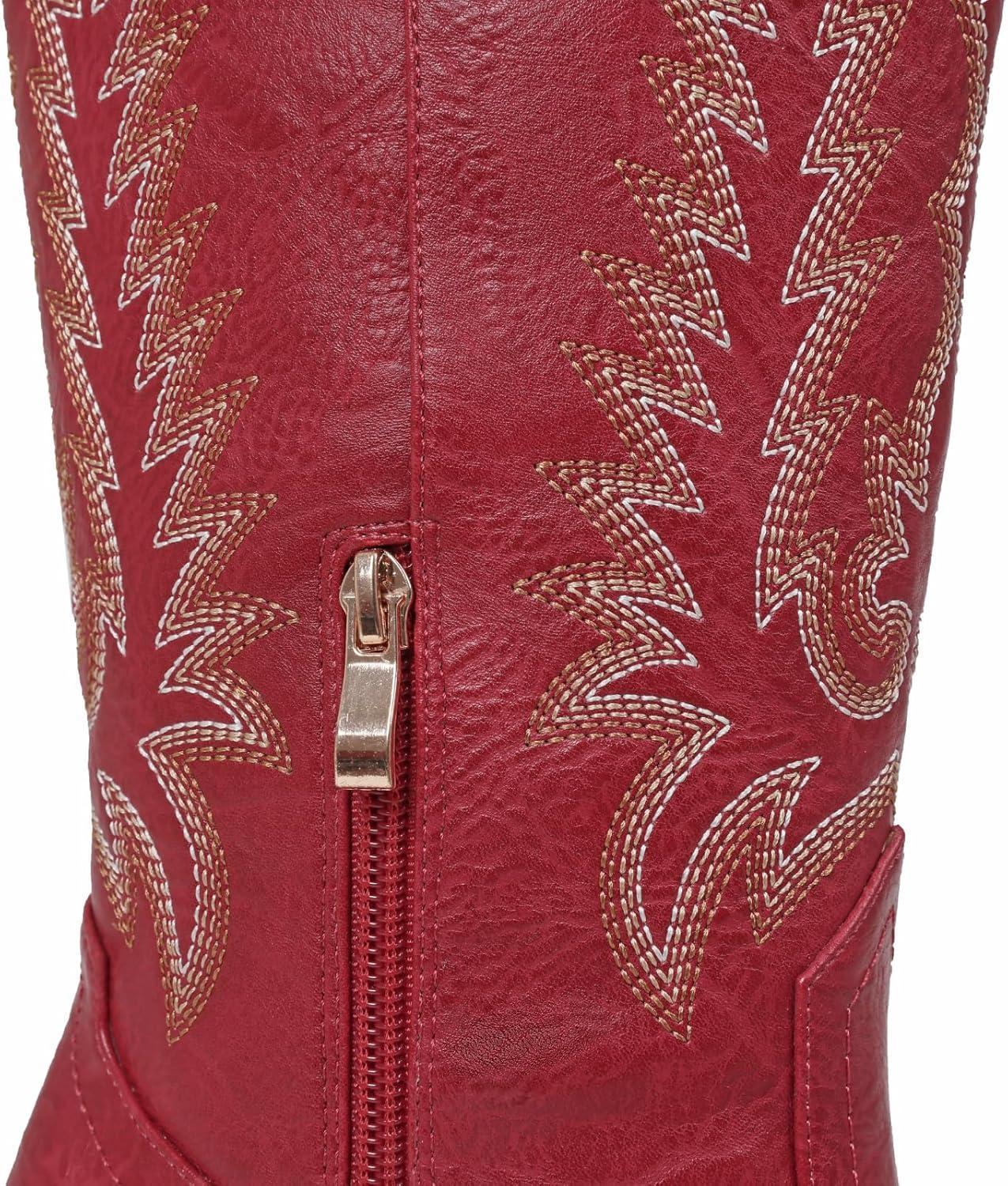 image:imageTscoyuki Cowboy Boots for Women Embroidered Western Knee High Boots Women Pointed Toe Chunky Heel Cowgirl Tall BootsRed Zipper