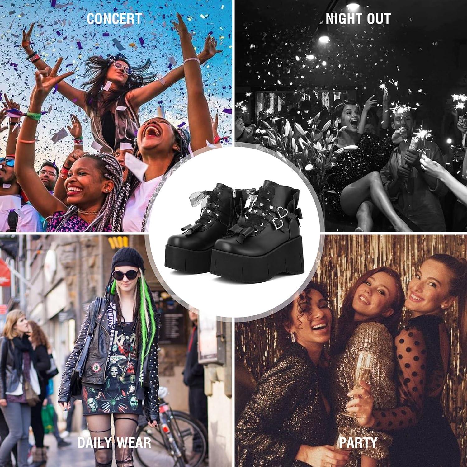 image:imageTscoyuki Platform Ankle Boots for Women Chunky High Heel Booties Goth Round Toe Combat Boots Women Lace Up Motorcycle WedgesBlack 1