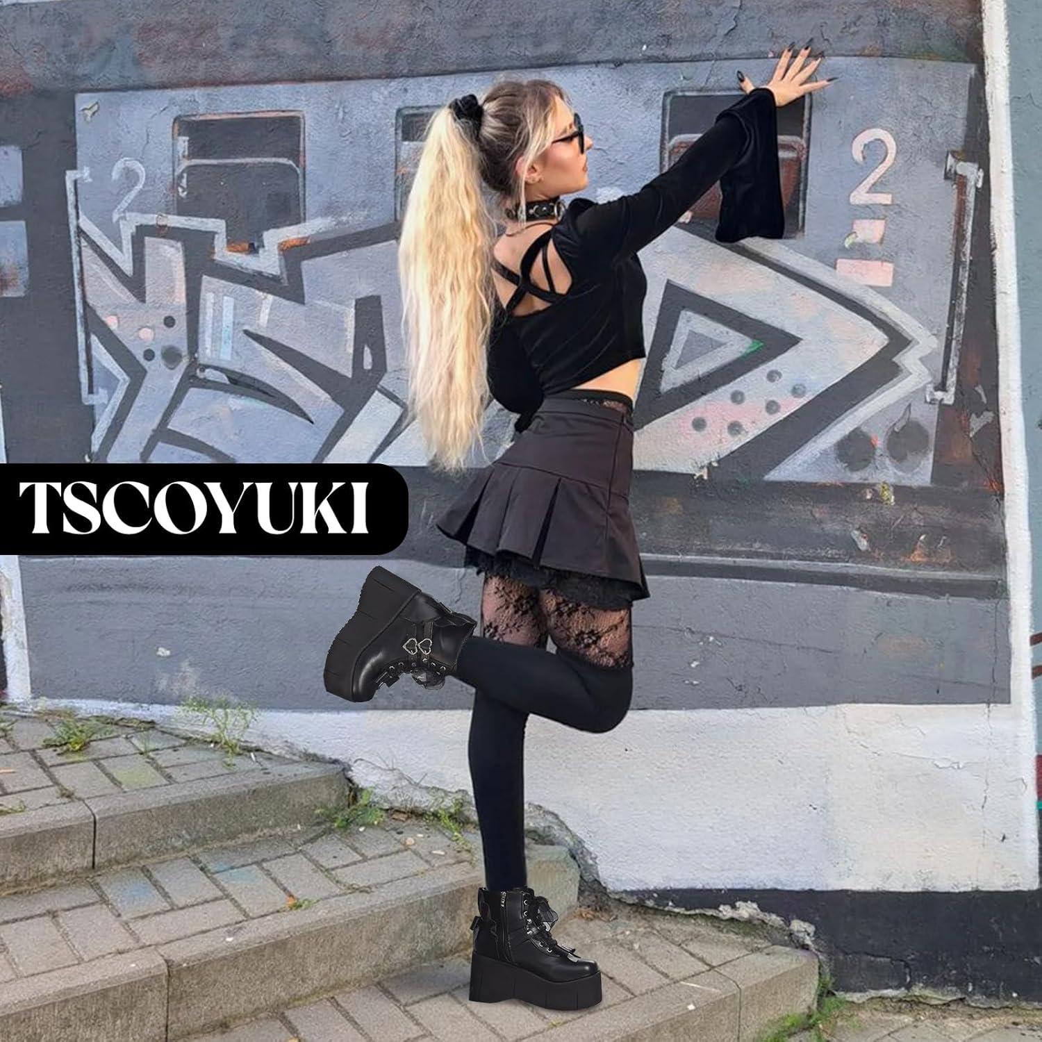 image:imageTscoyuki Platform Ankle Boots for Women Chunky High Heel Booties Goth Round Toe Combat Boots Women Lace Up Motorcycle WedgesBlack 1