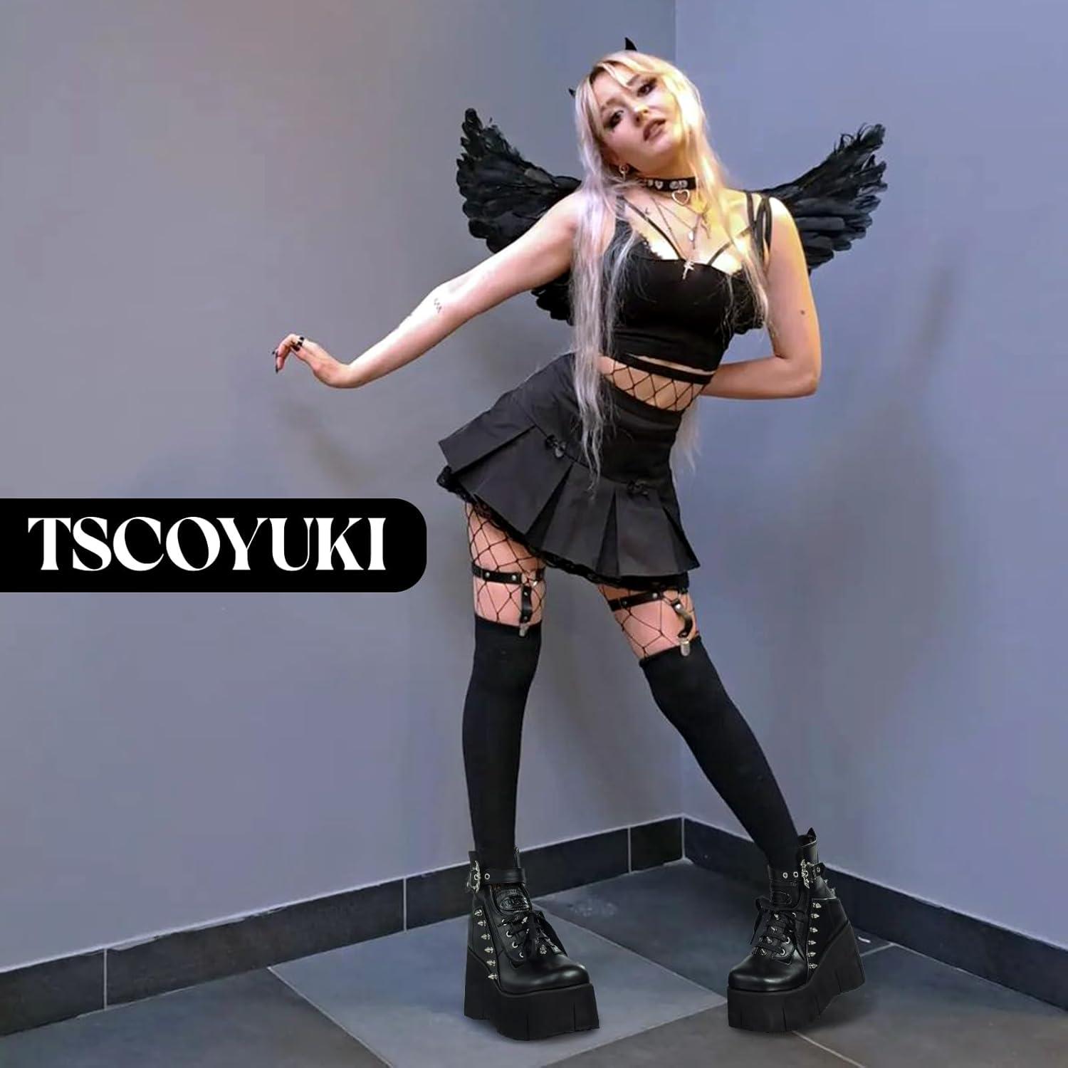 image:imageTscoyuki Platform Ankle Boots for Women Chunky High Heel Booties Goth Round Toe Combat Boots Women Lace Up Motorcycle WedgesBlack 2