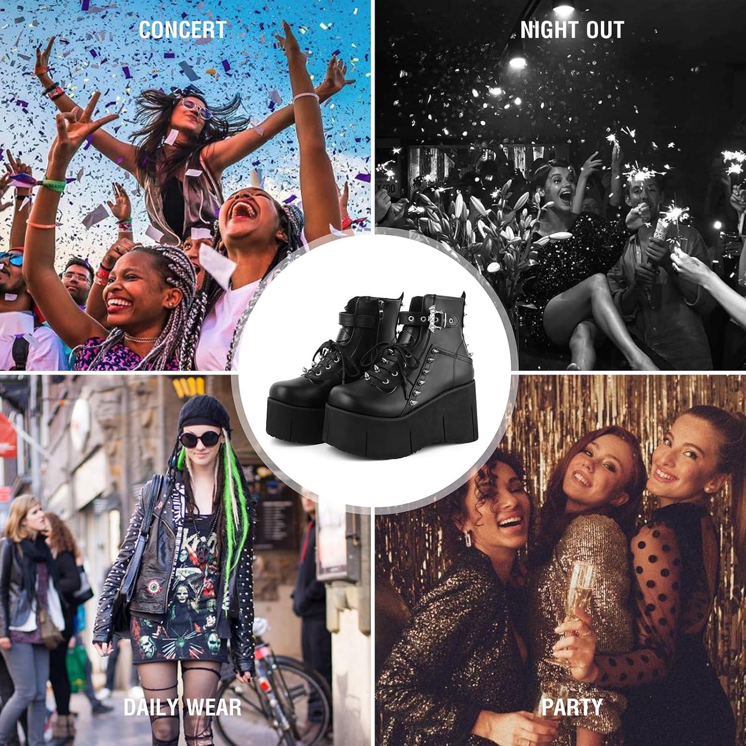 image:imageTscoyuki Platform Ankle Boots for Women Chunky High Heel Booties Goth Round Toe Combat Boots Women Lace Up Motorcycle WedgesBlack 2