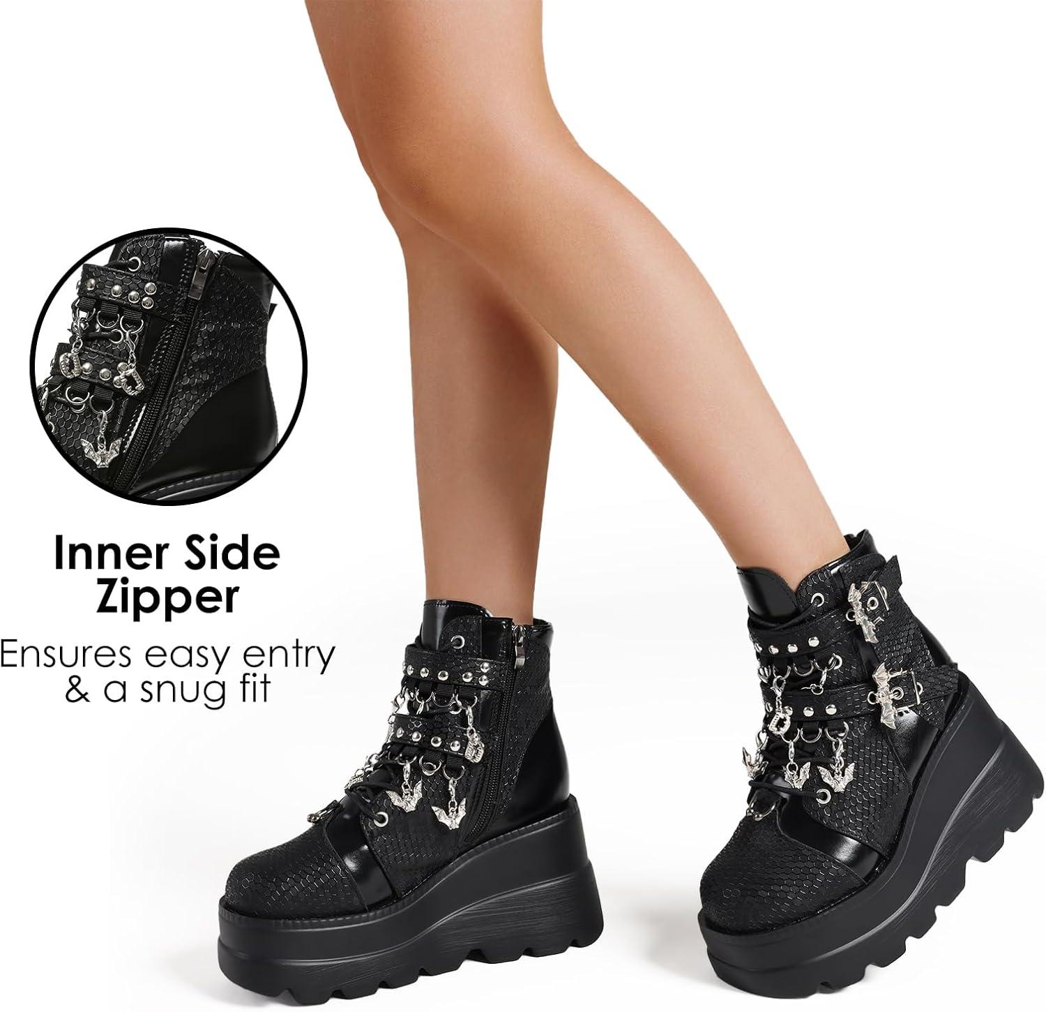 image:imageTscoyuki Platform Ankle Boots for Women Chunky High Heel Booties Goth Round Toe Combat Boots Women Lace Up Motorcycle WedgesBlack
