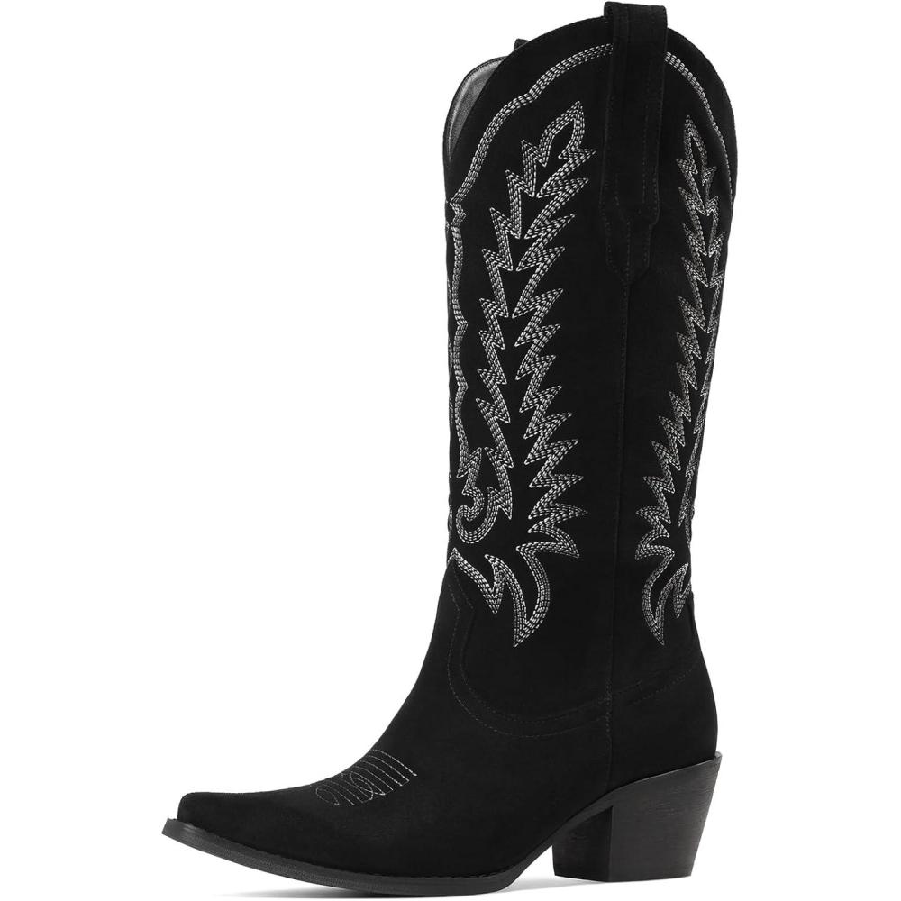 image:imageTscoyuki Cowboy Boots for Women Embroidered Western Knee High Boots Women Pointed Toe Chunky Heel Cowgirl Tall BootsBlack Suede