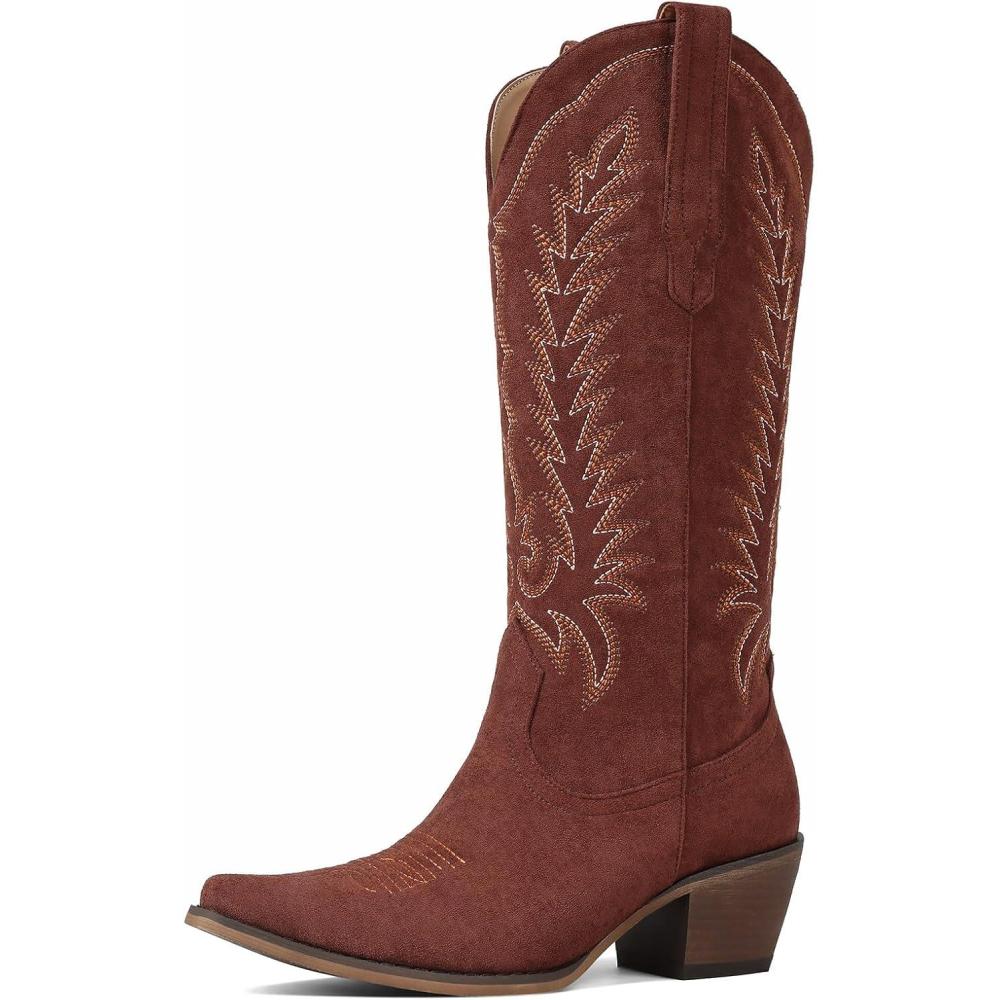 image:imageTscoyuki Cowboy Boots for Women Embroidered Western Knee High Boots Women Pointed Toe Chunky Heel Cowgirl Tall BootsBrown Suede