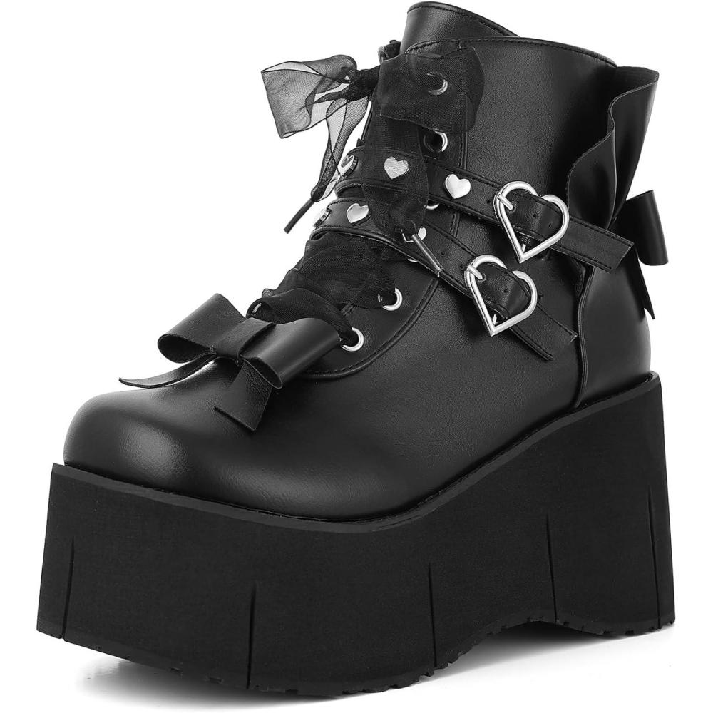 image:imageTscoyuki Platform Ankle Boots for Women Chunky High Heel Booties Goth Round Toe Combat Boots Women Lace Up Motorcycle WedgesBlack 1