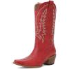 Tscoyuki Cowboy Boots for Women | Cowgirl Boots with Chunky Heel, Pull On Tabs, Vintage Snip Toe Embroidery, Western-Inspired Mid Calf Boots(Red)