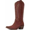 Tscoyuki Cowboy Boots for Women: Embroidered Western Knee High Boots Women – Pointed Toe Chunky Heel Cowgirl Tall Boots(Brown Suede)