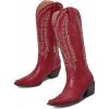 Tscoyuki Cowboy Boots for Women: Embroidered Western Knee High Boots Women – Pointed Toe Chunky Heel Cowgirl Tall Boots(Red Zipper)
