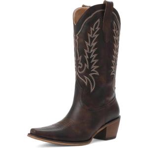 Tscoyuki Cowboy Boots for Women | Cowgirl Boots with Chunky Heel, Pull On Tabs, Vintage Snip Toe Embroidery, Western-Inspired Mid Calf Boots(Vintage Dark Chocolate Brown)