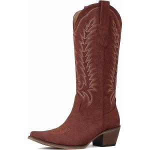 Tscoyuki Cowboy Boots for Women: Embroidered Western Knee High Boots Women – Pointed Toe Chunky Heel Cowgirl Tall Boots(Brown Suede)