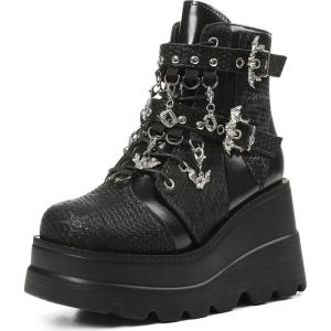 Tscoyuki Platform Ankle Boots for Women Chunky High Heel Booties Goth Round Toe Combat Boots Women Lace Up Motorcycle Wedges(Black)