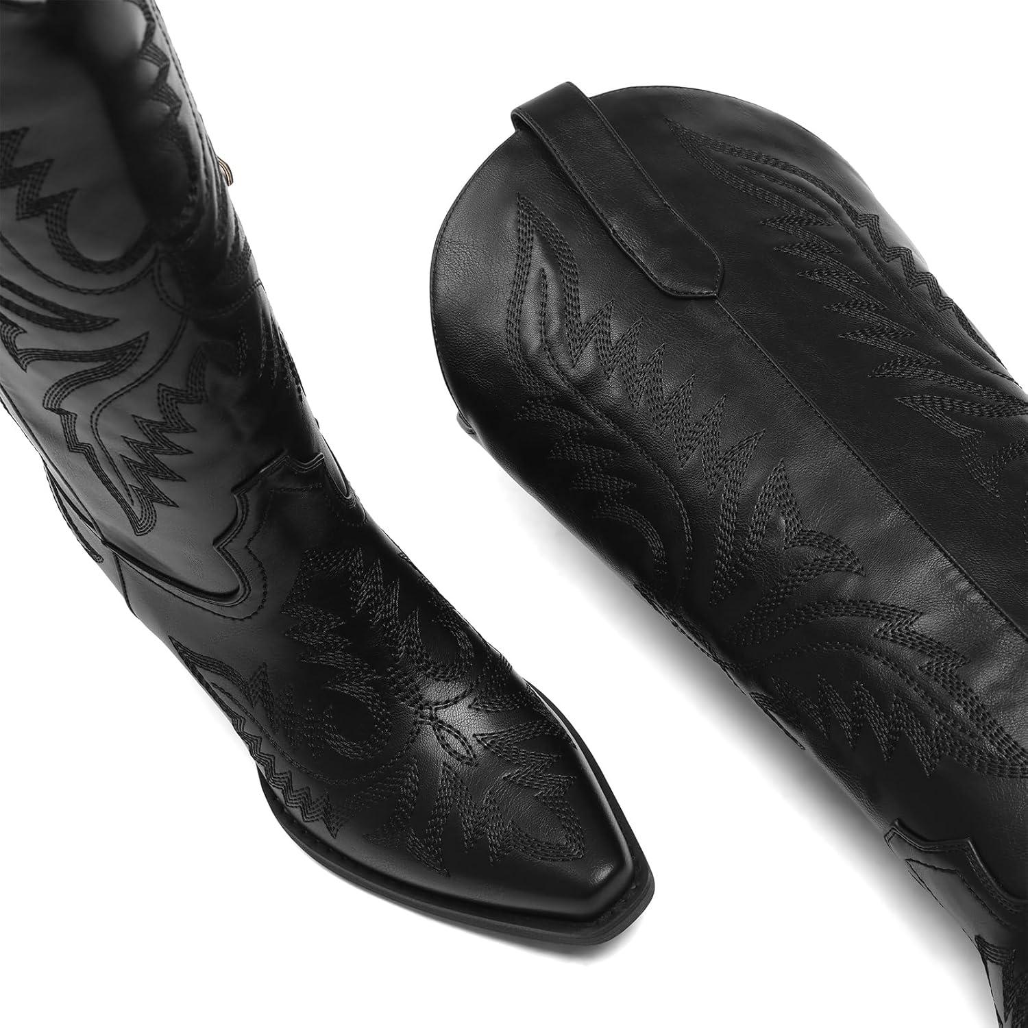 image:imageTscoyuki Cowboy Boots for Women Comfortable Cowgirl Boots Knee High Western Tall Boots with Vintage Embroidery Chunky Heel Side Zipper Snip Toe Pull On TapsBlack