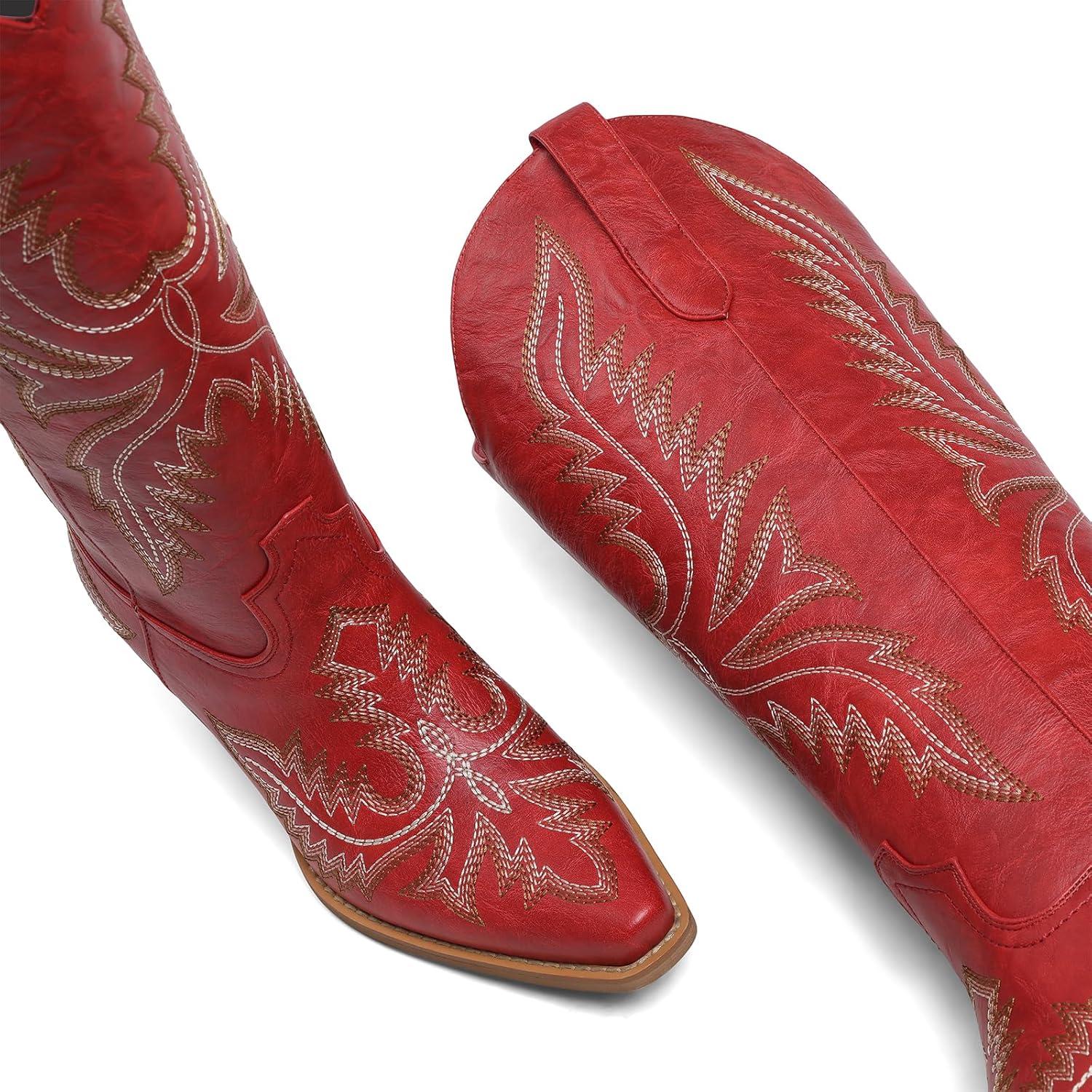 image:imageTscoyuki Cowboy Boots for Women Comfortable Cowgirl Boots Knee High Western Tall Boots with Vintage Embroidery Chunky Heel Side Zipper Snip Toe Pull On TapsRed