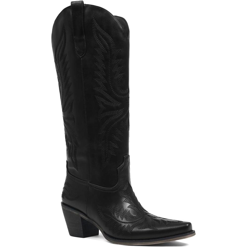 image:imageTscoyuki Cowboy Boots for Women Comfortable Cowgirl Boots Knee High Western Tall Boots with Vintage Embroidery Chunky Heel Side Zipper Snip Toe Pull On TapsBlack