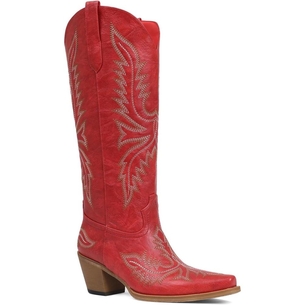 image:imageTscoyuki Cowboy Boots for Women Comfortable Cowgirl Boots Knee High Western Tall Boots with Vintage Embroidery Chunky Heel Side Zipper Snip Toe Pull On TapsRed