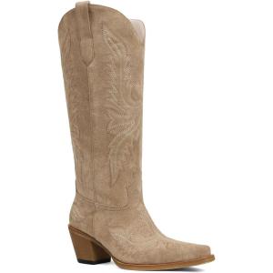 Tscoyuki Cowboy Boots for Women Comfortable Cowgirl Boots Knee High Western Tall Boots with Vintage Embroidery, Chunky Heel, Side Zipper, Snip Toe, Pull On Taps(Camel Suede)